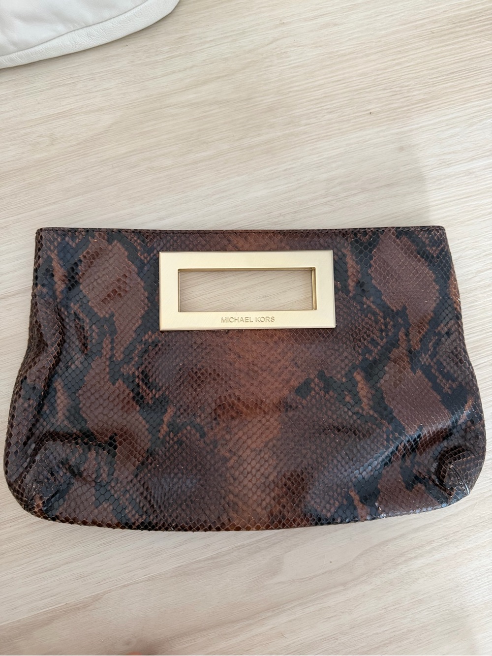Michael Kors Brown and Black Snakeskin-Effect Clutch with Gold Handle